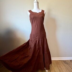 Jessica Howard Brown Midi dress 6 boho crochet beaded neckline 100% cotton rodeo